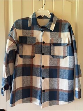 Women’s Blue Cream Brown Plaid Button-Up Shacket